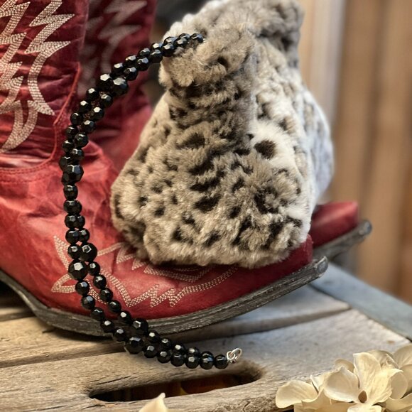 Mini Faux Leopard Fur Purse – Black Beaded Handle - Picture 3 of 9